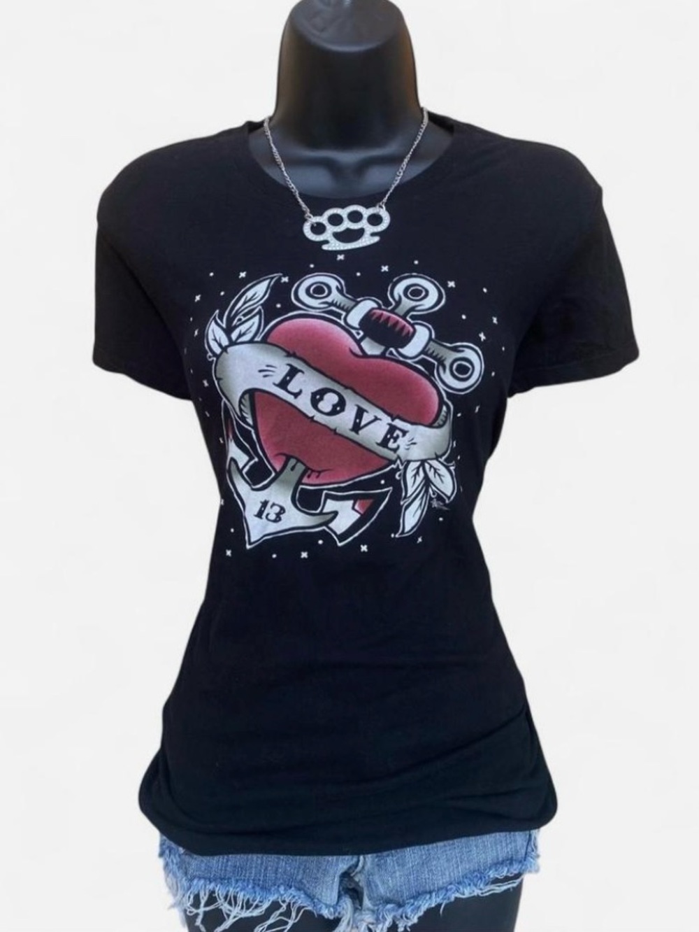 Y2k Grunge Lucky 13 Baby Tee Anchor & Heart ‘LOVE’ Design 2010